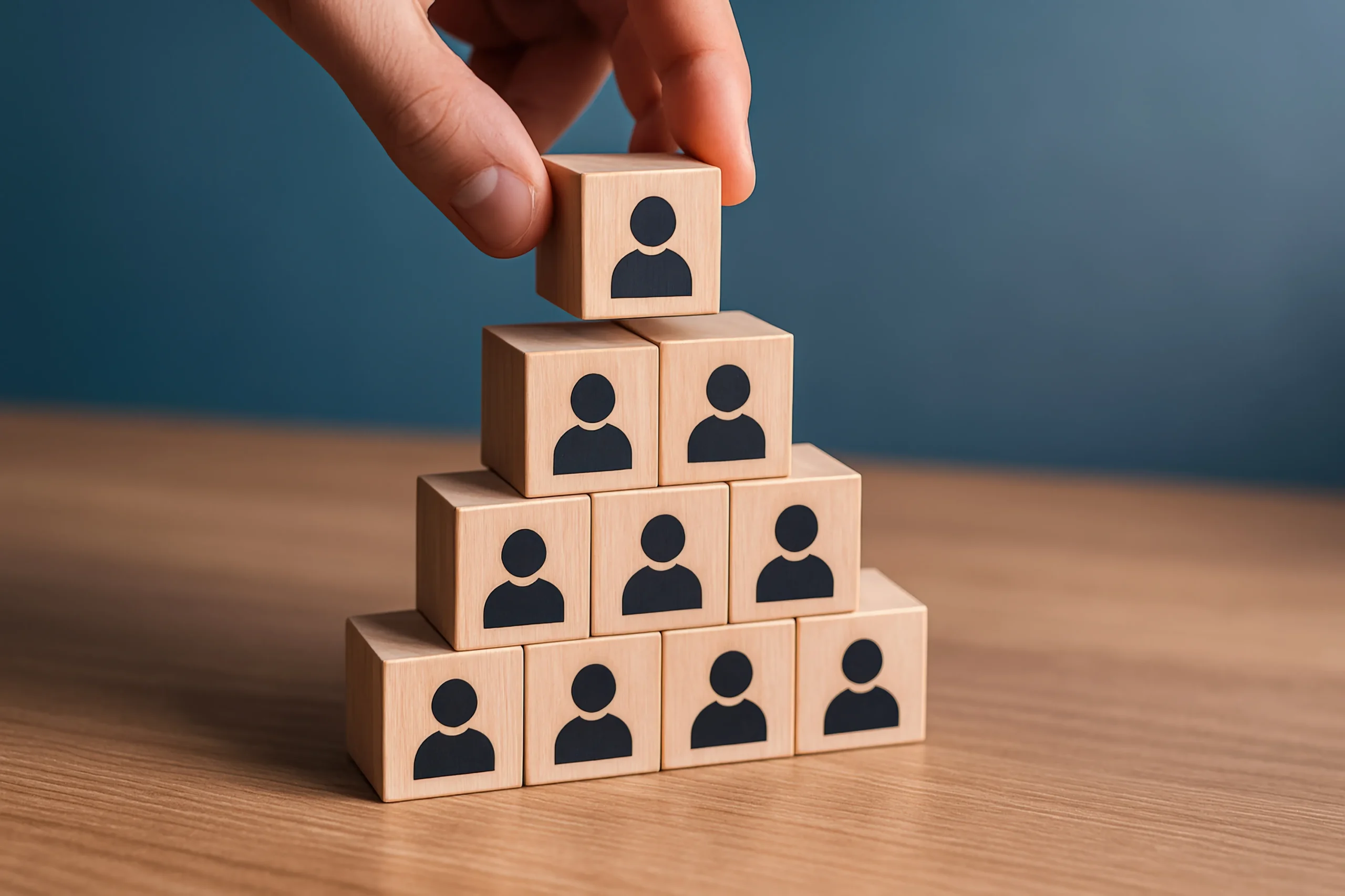 Cubi di legno impilati con icone di utenti disposti gerarchicamente sopra di essi - Modello Dgls 231 Plenio Roma