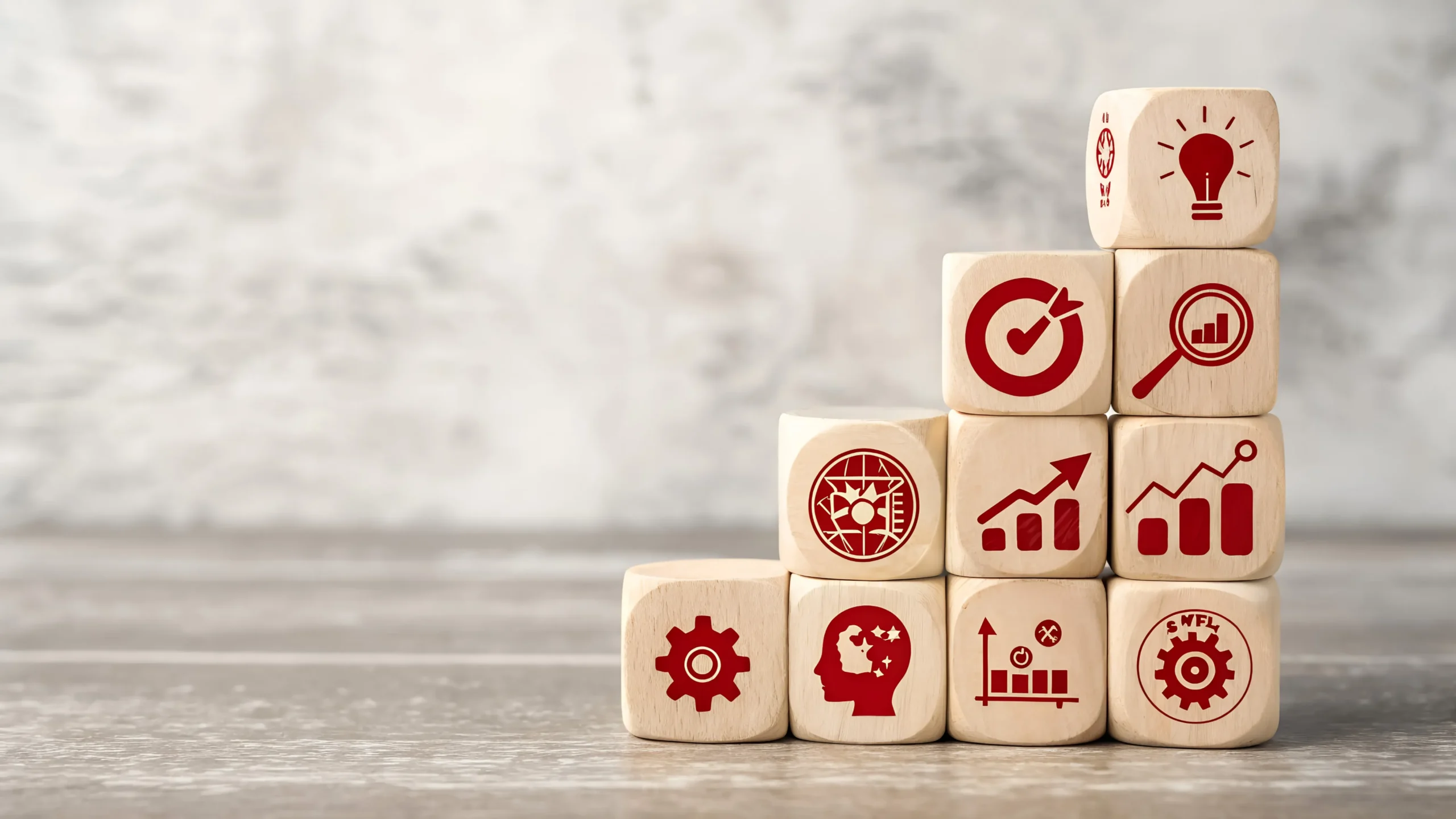 Blocchetti di legno con icone varie legate alla pianificazione strategica - Plenio Roma